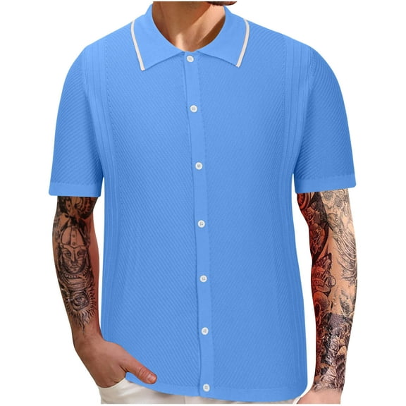 Men's Casual Button Shirt Short Sleeve Vintage Clothing Knit Polo Shirt Summer Beach Shirt