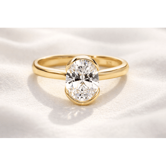 Jewelerix Modern Minimalist Half-Bezel Oval Engagement Ring, Gold Vermeil Solitaire Promise Ring for Her