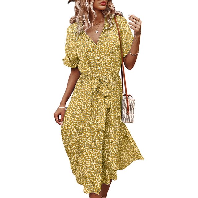 Femmes Robes Casual Manches Courtes Bouton Imprimé Floral vers le Bas V Cou Été Boho Midi Robe