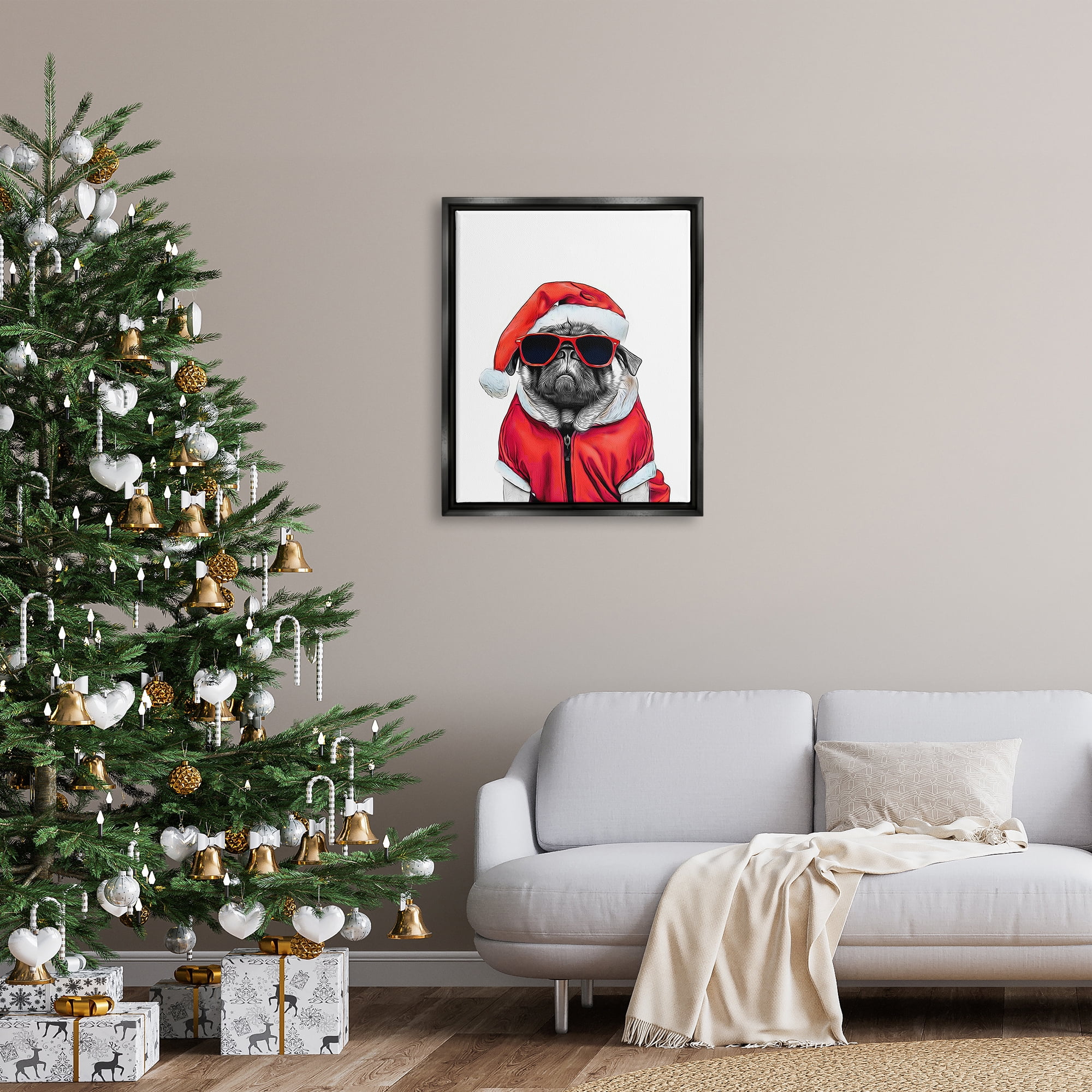 Stupell Industries Funny Pug Santa Hat Holiday Painting Black Floater Framed Canvas Art Print Wall Art, 25 x 31