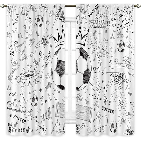 Soccer Sport Boys Curtains 42Wx63H Inch Rod Pocket Football Black White Graffiti Funny Sketch Unique Cool Art Printed for Kids Teens Living Room Bedroom Window Drapes Treatment Fabric 2 Panels