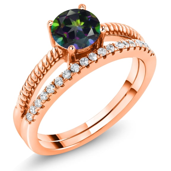 Gem Stone King 18K Rose Gold Plated Silver Green Mystic Topaz Engagement Engagement Ring for Women (1.19 Cttw, Gemstone November Birthstone, Round 6MM, Size 6)