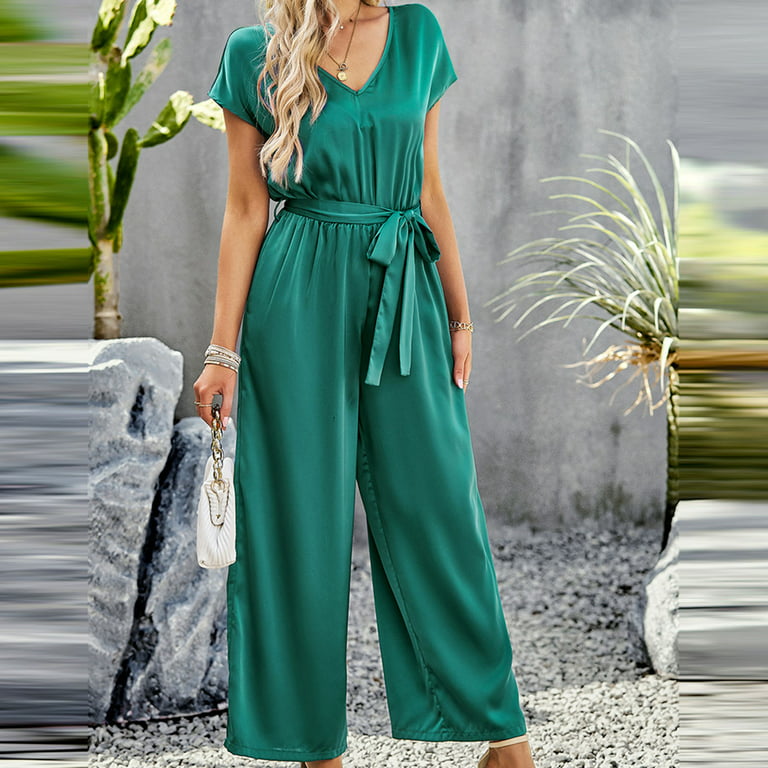 Fashion Summer One Piece Long Jumpsuits Women Clothes Formal Vintage Short  Sleeve Female Mujer High Waist Wide Leg Loose Rompers