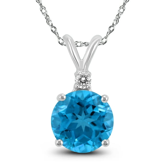 SZUL Women's 14K White Gold 7MM Round Blue Topaz and Diamond Pendant