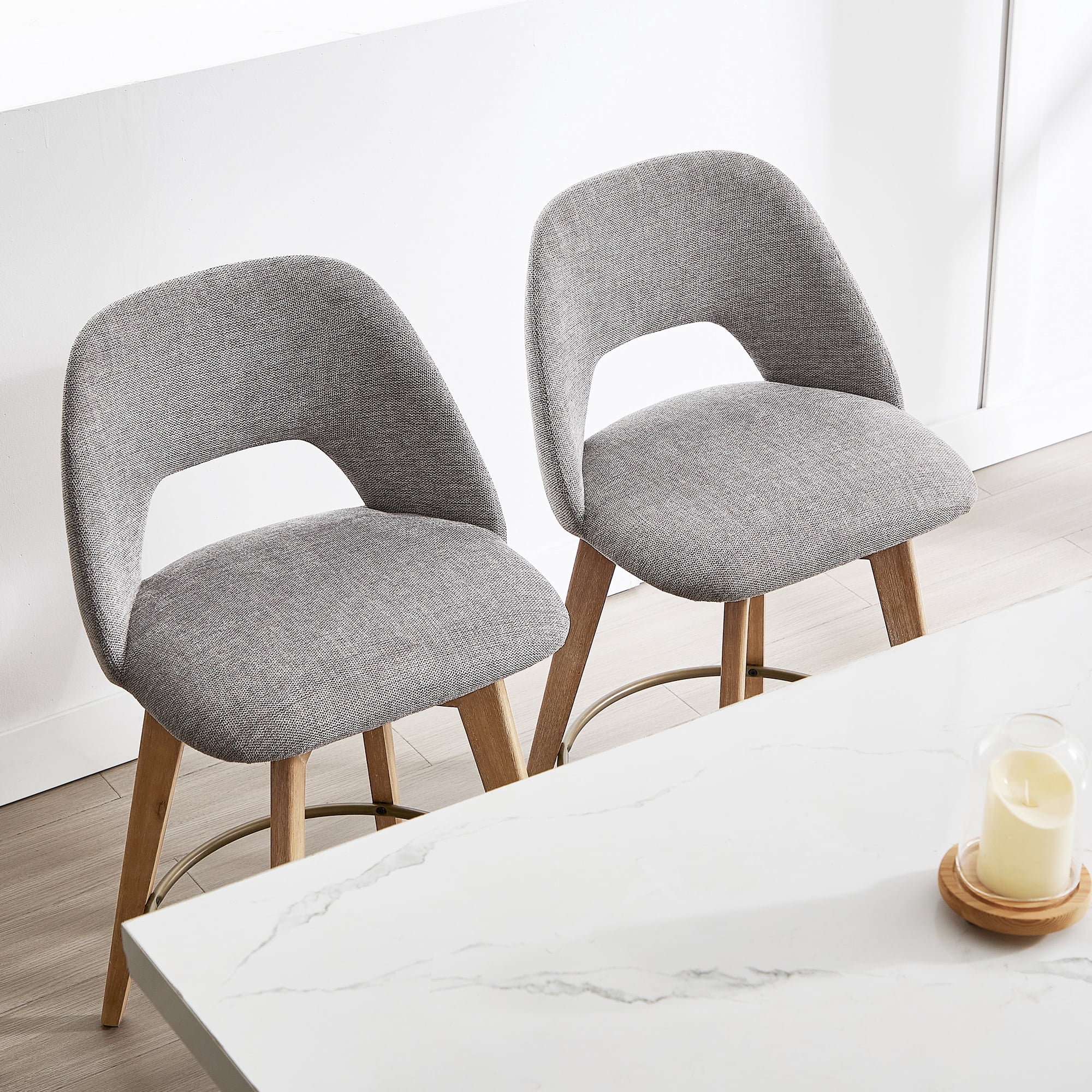 Zesthouse 26.8" Swivel Bar Stools Set of 2, Linen Upholstered Counter Height Stools with Open Back and Brushed Wooden Legs, Mid Century Barstools Kitchen Bar Chairs for 36"-39" Countertop, Gray