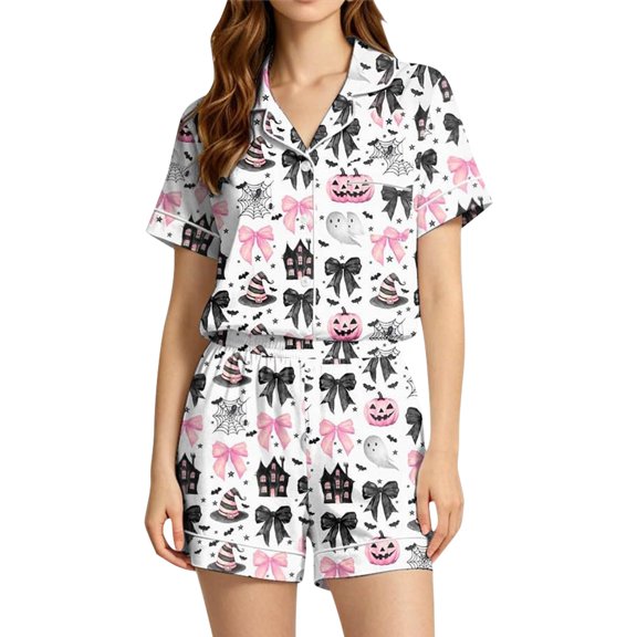 Harpily Nightgown Sleepwears for Women 2 Piece Short Sleeve Tops and Short Pants Halloween Theme Printed Decoration Button Down Loungewear for All Season Match L Light Pink