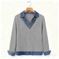 thumbnail image 5 of Trendy Long Sleeve Tops for Women with Denim Jean Patchwork Button Lapel V Neck Casual Spring Fall Sweatshirt (L, Gray), 5 of 7