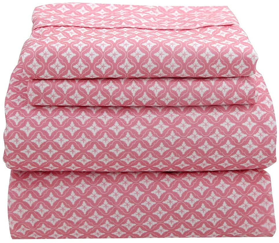 4 Pieces Microfiber Flannel Sheet Set, King Size Pink Color, Deep