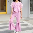 thumbnail image 2 of Huowey Girls Spring Summer Outfits Short Puff Sleeve Button Down Solid Color Crop Top Flared Pants Ruffled Wide Leg 2 Piece Clothes Sets Party Performance Formal Dailywear,Pink,6-7 Years, 2 of 9