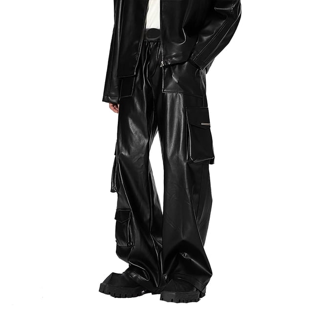 XDZJLR Casual Pants for Men Stylish Black Leather Wide Leg with Utility Pockets Fashionable And Functional Pant