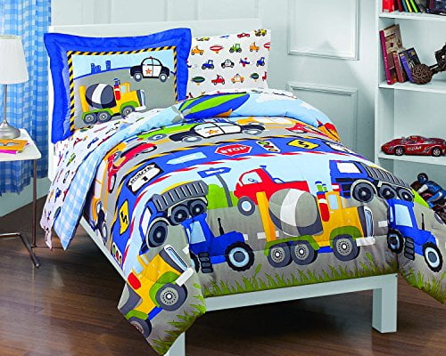 Blue Red, Dream Factory Trucks Tractors Cars Boys 5-Piece Comforter Sheet Set 