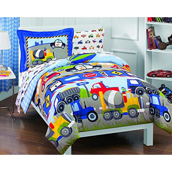 Dream Factory Trucks Tractors Cars Boys 5-Piece Comforter Sheet Set, Blue Red, Twin