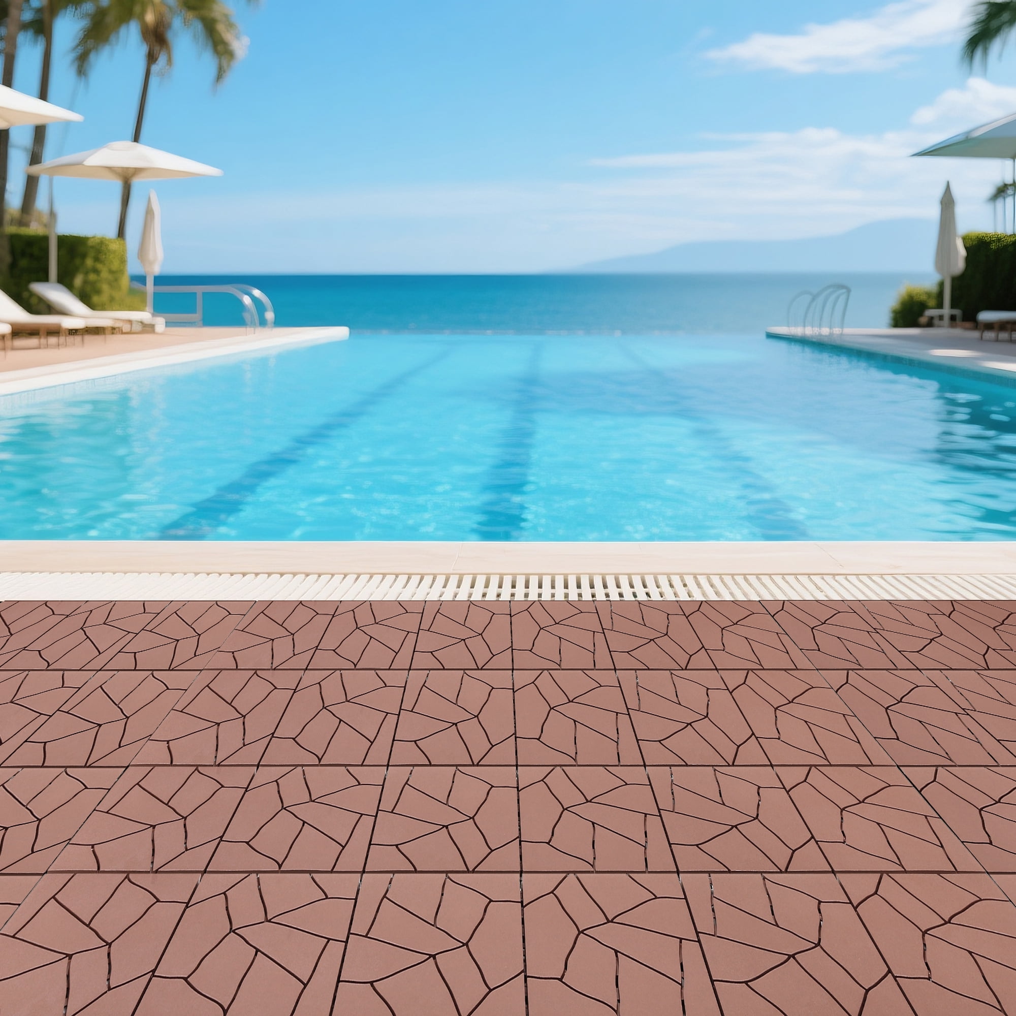 Stone Style 12" Patio Deck Tiles 44pcs Brown DIY Module Interlocking Floor Tiles PP Indoor Outdoor Quick Installation for Porch Poolside Balcony Backyard