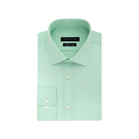 TOMMY HILFIGER Mens Green Easy Care, Heather Collared Classic Fit Dress Shirt M 15- 32/33