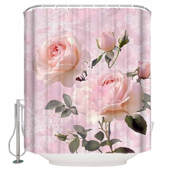 Extra Long Shower Curtain 72x84 Inch, Romantic Pink Roses Shower Curtain Waterproof Bathroom Decor Watercolor Botanical Floral Fabric Bath Curtain Set Accessories with Hooks