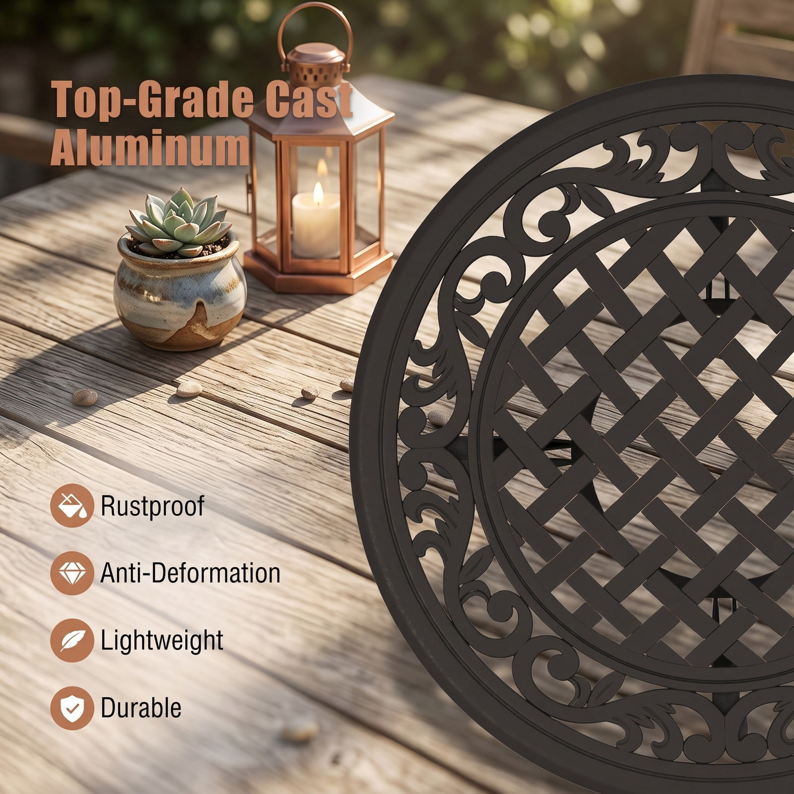 Furnibear 24 Inch Round Cast Aluminum Patio Side Table with Adjustable Footpads for Poolside and Backyard, Antique Brown