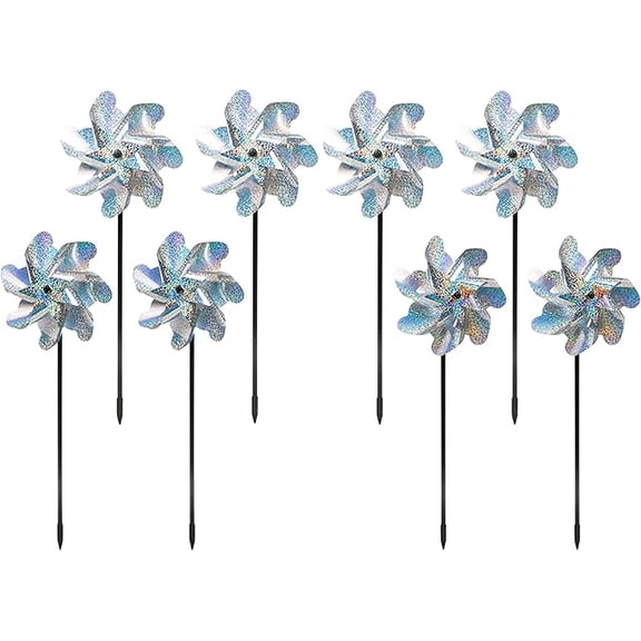 Reflective Pinwheel 8-pack, Decorative Windmill, 18.5 Inch Shiny Mylar Spinner Ornament with Rod Stick for Balcony Garden Vineyard and Outdoor Yard Arrangement