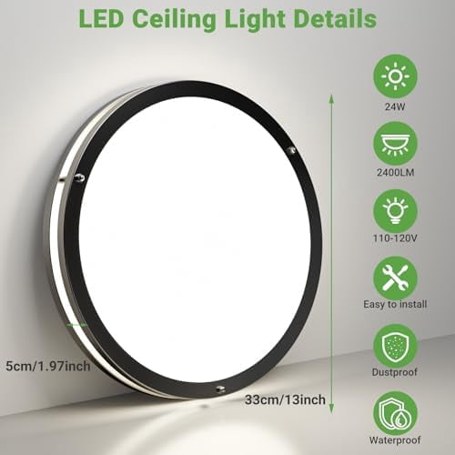 HOVMAP 2Pack 13Inch Black LED Flush Mount Ceiling Lights, Dimmable 24W 2400LM 3000K-6500K Adjustable, Bright Round Close to Ceiling Light Fixtures for Kitchen Bedroom Bathroom Hallway, Black
