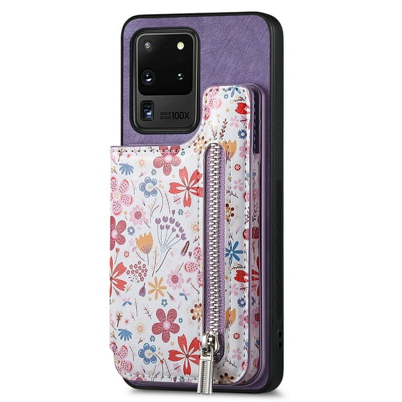 Allytech Galaxy S20 Ultra Case with Zipper Pocket & Cards Holder, Floral Slim Wallet Case for Girls Women Shockproof Stand Compatible with Car Mount Phone Case for Samsung Galaxy S20 Ultra -Purple