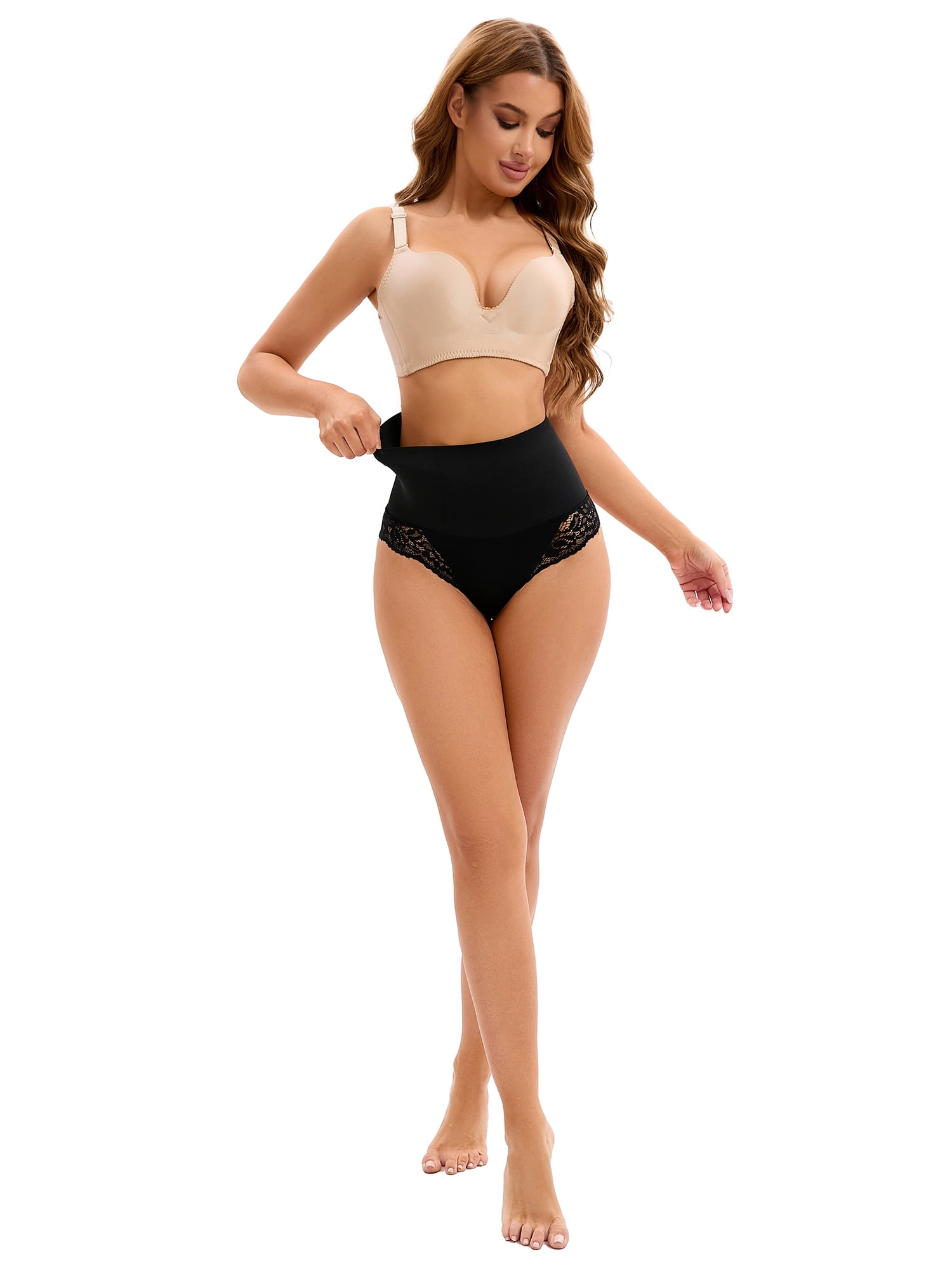 Unique Bargains Women's Lace Trim Underwear Briefs High Waist Shapewear Panties M Black