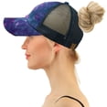 thumbnail image 3 of C.C Ponytail Criss Cross Messy Buns Ponycaps Baseball Cap Dad Trucker Mesh Hat (Distressed Tie Dye Mesh Navy), 3 of 3