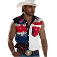 thumbnail image 2 of fnnxeal Men Western Sleeveless Snap Shirt Red White Blue Splatter Print Color Block Casual Cowboy Top with Chest Pocket Stretch Lightweight Patriotic ShirtSize S, 2 of 5