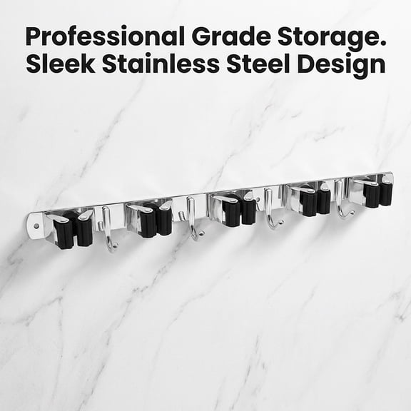 Stainless Steel Wall Mount Tool Organizer Rack with Hooks, Heavy Duty Mop Broom Storage Holder for Home Garage Kitchen Laundry Room