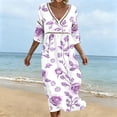 thumbnail image 6 of Guieoi Plus Size Summer Mesh Cutouts Lace Panels Floral Printed 3/4 Sleeve V-Neck Light and Flowing Dress for Women Purple XL, 6 of 6
