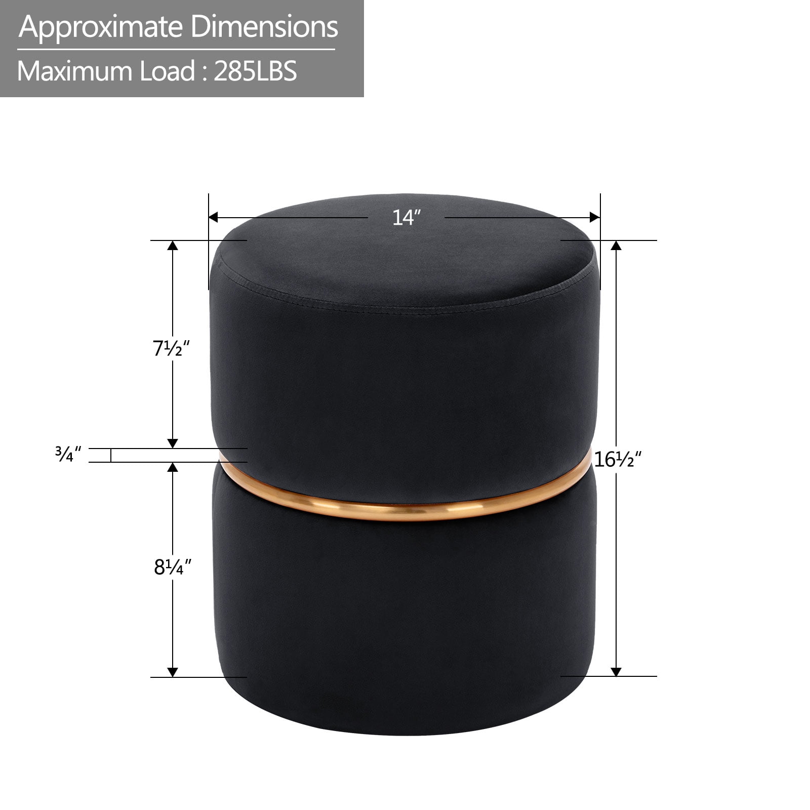 Duhome Round Ottoman Footstools Velvet Vanity Stool Furry Makeup Stool for Bedroom Living Room Decorative Padded Small Bench, Black and Gold