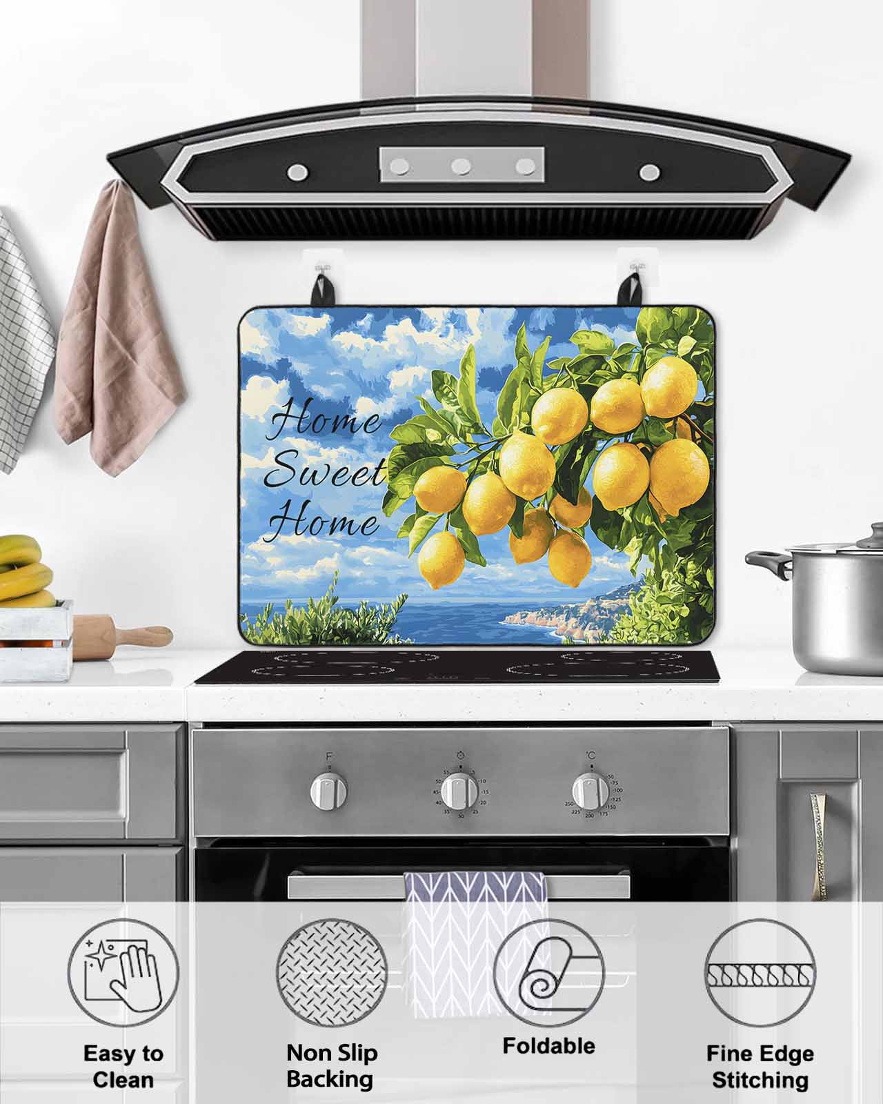 nqOlkjepod Large Induction Cooktop Protector Mat 24"x21", Lemon Coastal Stove Top Covers for Electric Stove, Summer Fruit Botanical Beach Ocean Stove Burner Cover Mats, Glass Top Stove Cover