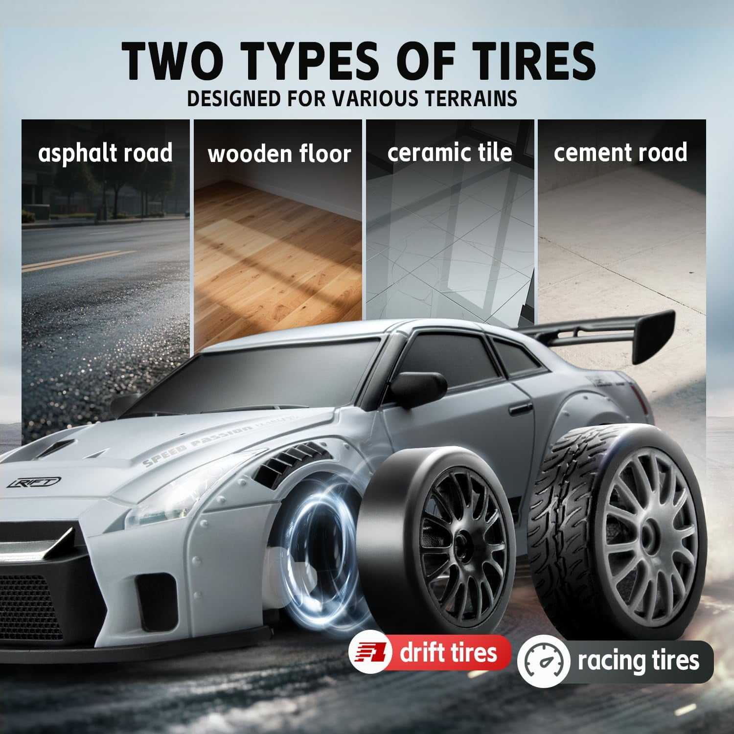 Track Seven RC Drift Car, 1:24 Scale Remote Control Vehicle with LED Lights, 2.4GHz 20KM/H 4WD High Speed RC Cars, Drifting Tires＆Two Batteries, Racing Sports Toy Idea Gift for Adults Boys Girls