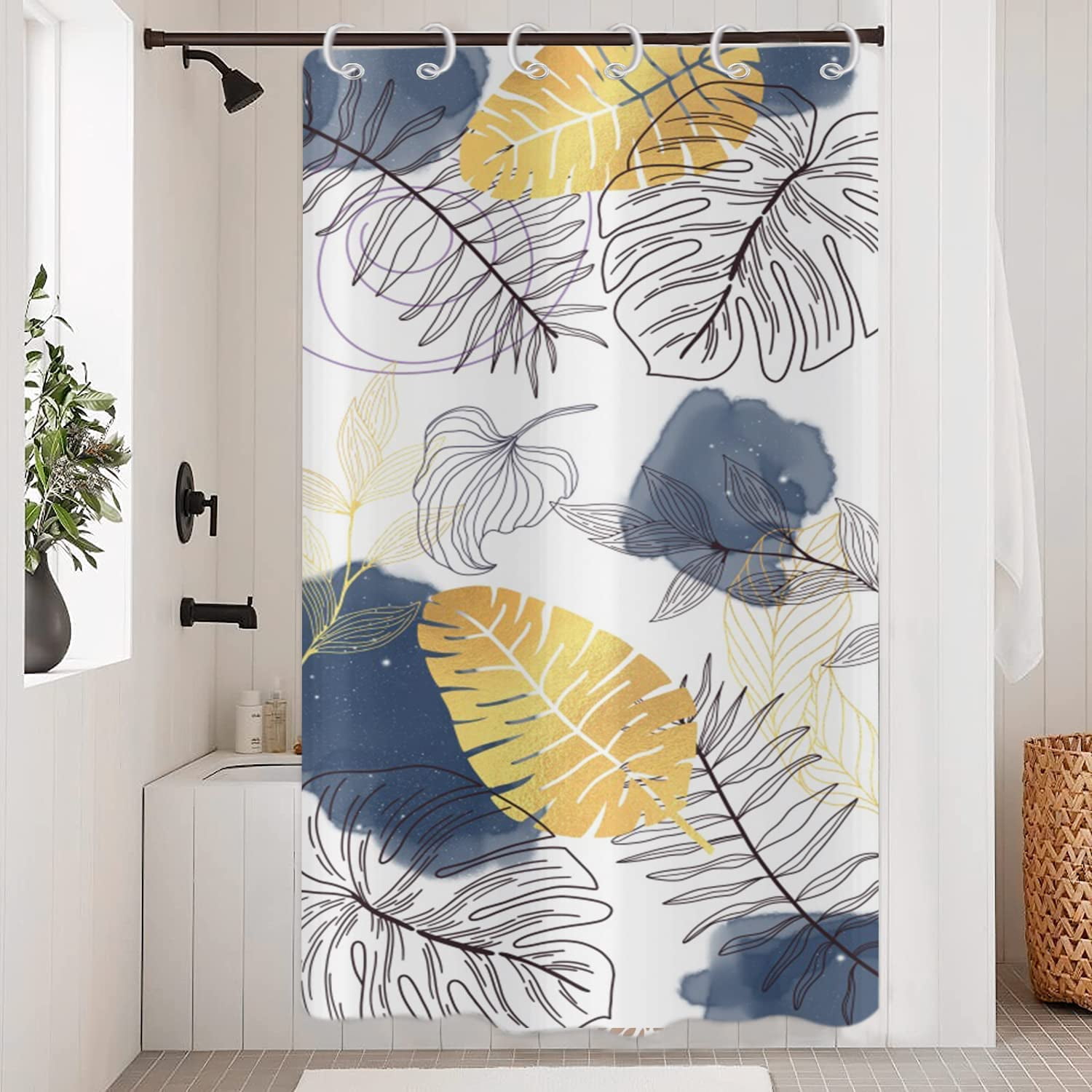 Navy Boho Chic Shower Curtain, Abstract Aesthetic Tropical Leaf with