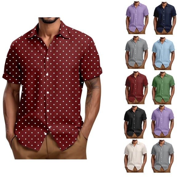 Smsaxvxz Mens Retro Polka Dot Printed Short Sleeve Business Shirts Lightweight Wrinkle Free Dress Button Down Collared Untucked Breathable Summer Casual Tops With Pocket Wine L