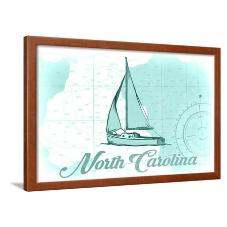 North Carolina - Sailboat - Teal - Coastal Icon Framed Print Wall Art By Lantern