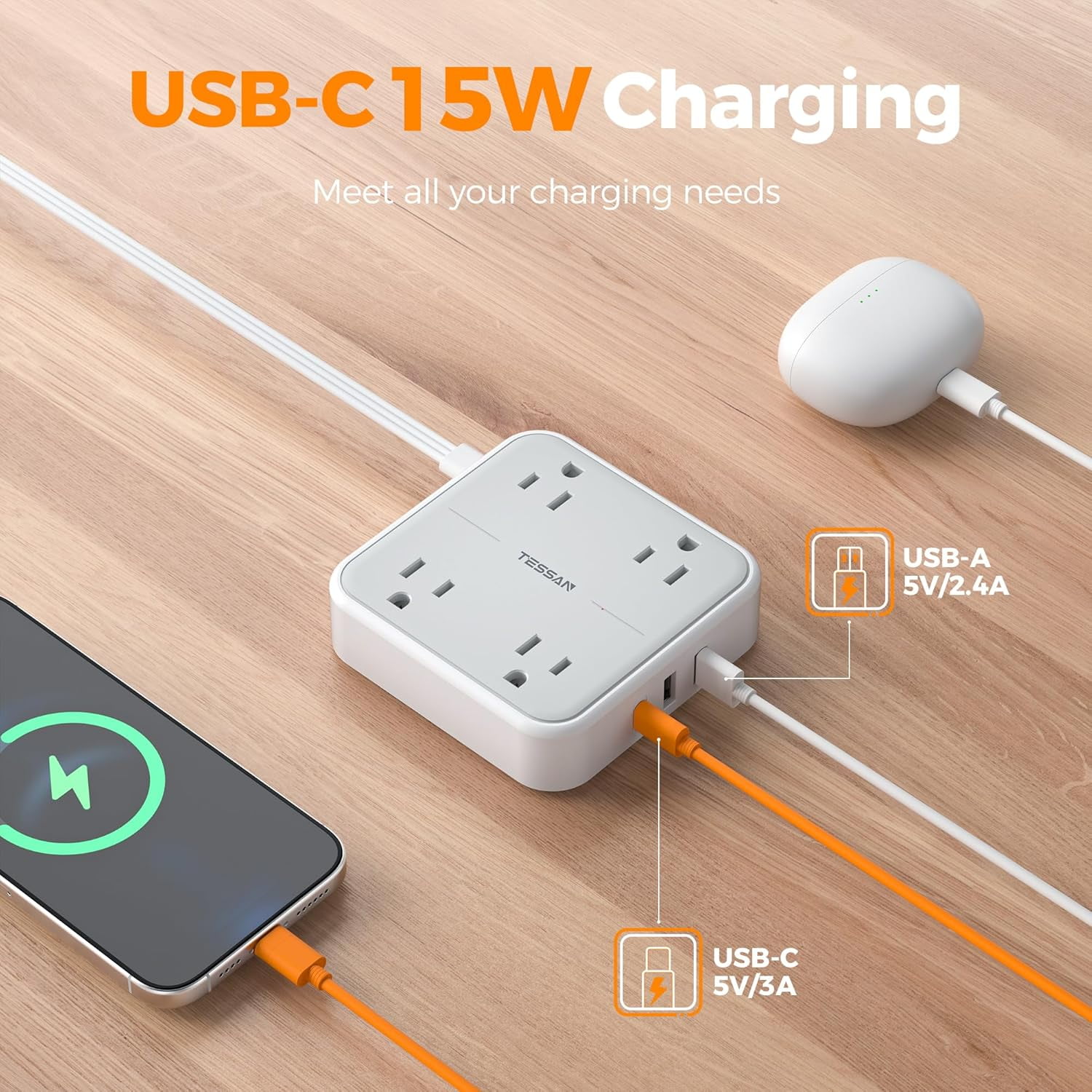 Surge Protector Power Strip, Ring Pull Flat Plug Extension Cord 10 Ft with 3 USB (1 USB C) 4 Outlets, 900 Joules Protection, Desktop Charging Station for Home, Office, College, Dorm Room, Gray