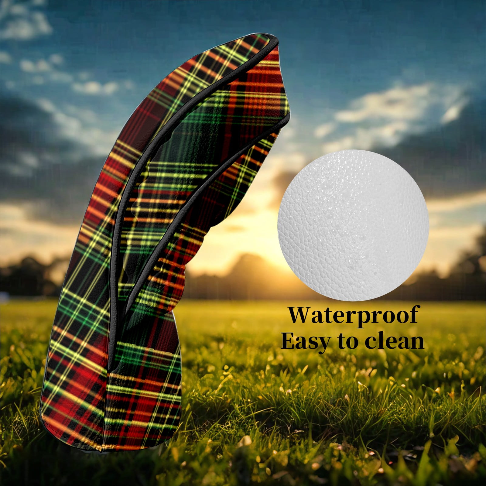 Golf Head Covers for Woods and Driver Waterproof Leather Golf Club Head Covers for Women Men Golf Driver Fairway Wood Headcover Red-Green Plaid Pattern