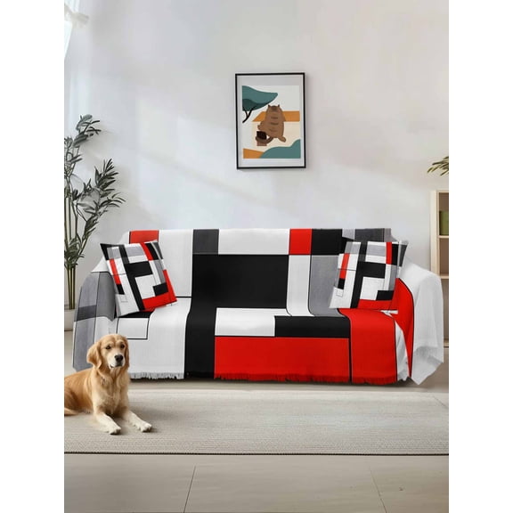 Red Black Couch Cover Sofa Covers 3 Cushion Sectional Couch, Abstract Geometric Grey White Middle Century Washable Sofa Covers Slipcover Sectional Sofa Cover, Furniture Protector 71"x150"