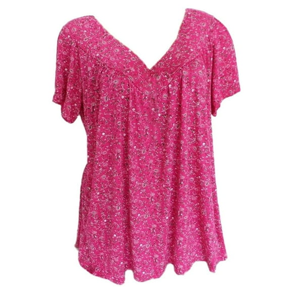 Women's Plus Size Summer Blouses Casual V Neck Short Sleeve Floral Print Pleated Flowy Tunic Tops