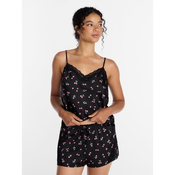 Joyspun Women's Lace Trim Stretch Satin Cami and Shorts Set, 2-Piece, Sizes XS-3X