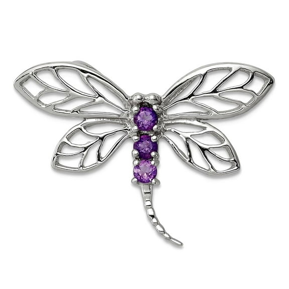 925 Sterling Silver Polished Prong set Rhodium Amethyst Dragonfly Pendant Necklace 18x27mm Wide Pendant for Women