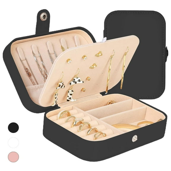 Travel Jewelry Box, PU Leather Small Jewelry Organizer for Women Girls, Double Layer Portable Mini Travel Case Display Storage Holder Boxes for Stud Earrings, Rings, Necklaces, Bracelets (Black)