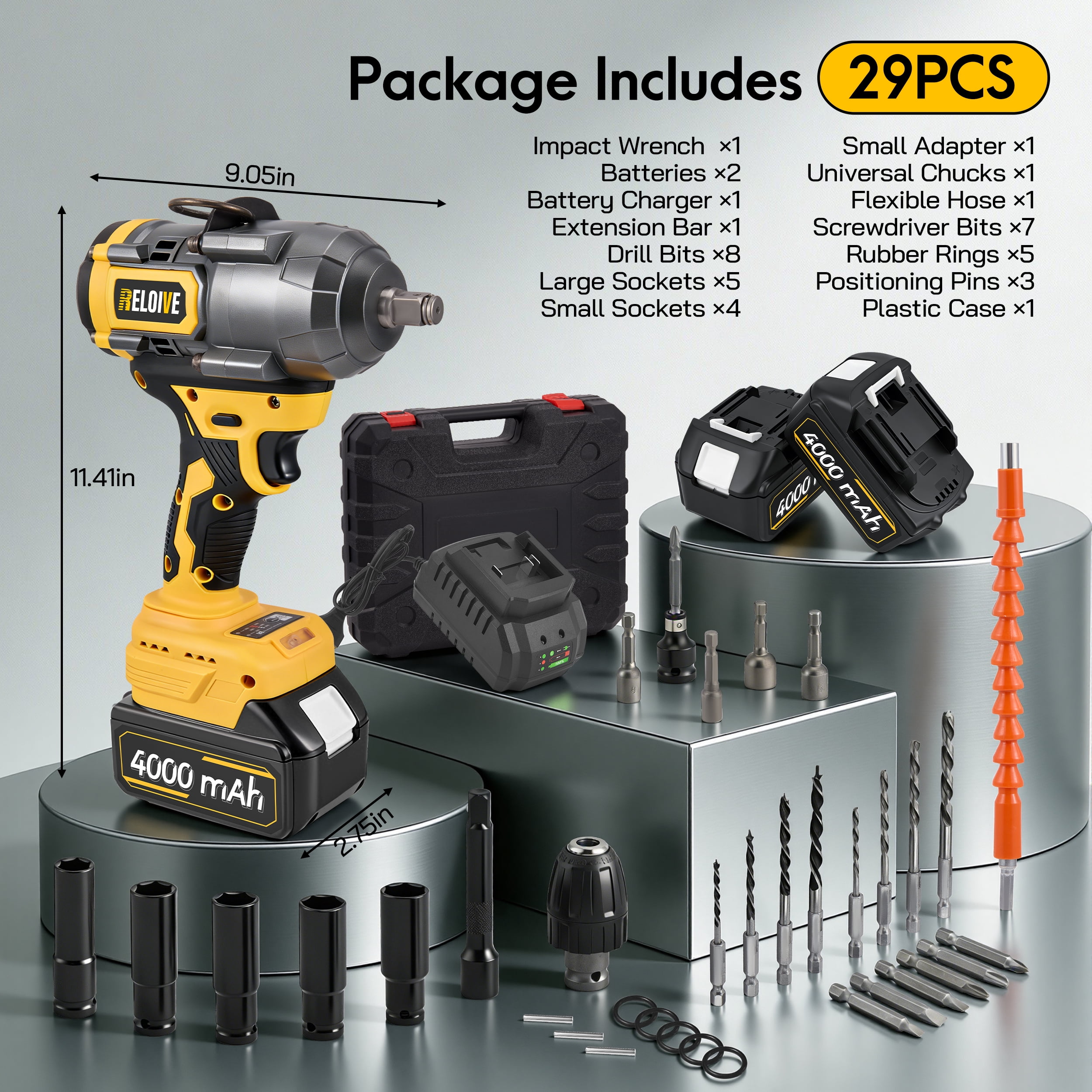 RELOIVE Cordless Impact Wrench Kit,885 FT-lbs(1200N.m) Max Torque,1/2" Heavy-Duty Brushless Motor,4-IN-1 Electric Impact Driver,2 x 4.0Ah Batteries for Car Home Repair