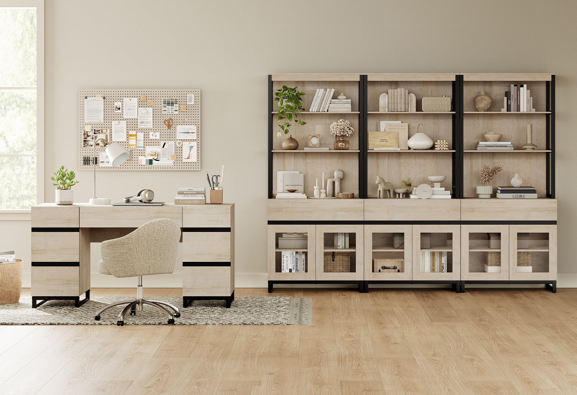 WAMPAT Home Office Furniture Set: 59in Modern Executive Desk with Charging Station & Drawers and Three 72in Tall Bookcases with Storage Cabinet, Home Office Furniture for Living Room, Beige
