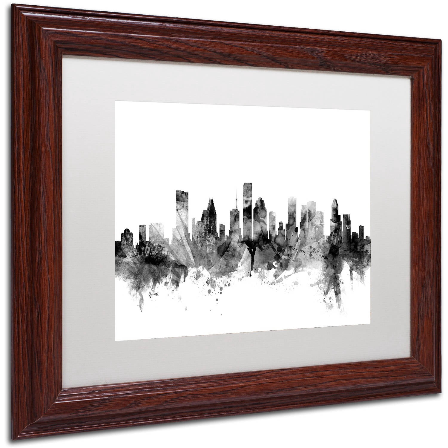 Trademark Fine Art "Houston Texas Skyline B&W" Canvas Art by Michael Tompsett, White Matte, Wood Frame