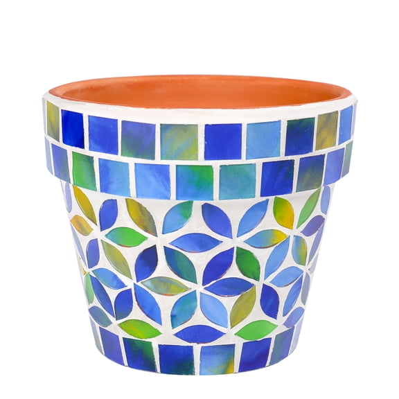 4 Inch Blue Geometric Mosaic Ceramic Plant Pot with Drainage Hole, Small Decorative Container for Succulents and Mini Flowers, Indoor and Outdoor Home Decor