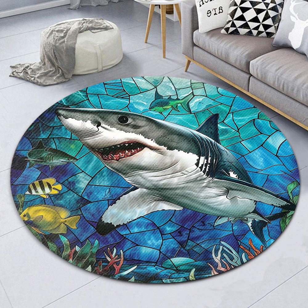 Circle Area Rug, Shark2 Washable Non-Slip Floor Carpet, Soft Rug for Living Room Bedroom Decor 59 Inch