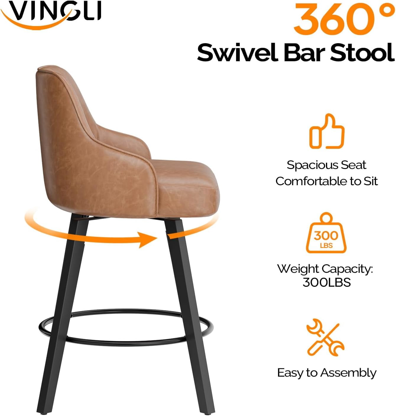 VINGLI 26" H Swivel Barstools Set of 2, PU Leather Upholstered Counter Stool with Back, Kitchen High Chairs Counter Height Bar stools with Cushion, Solid Wood Legs, Black