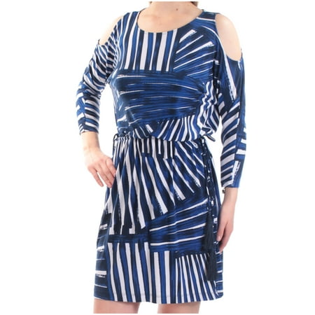 CALVIN KLEIN $99 New 1364 Blue Striped Belted Mini Blouson Dress 4 Petites B+B