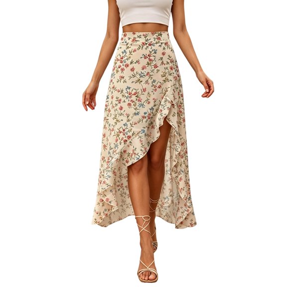 XIAOCHA Women's High Waisted Floral Print Skirt Ruffled Slit Asymmetrical Hem Boho Casual Flowy Midi Skirt