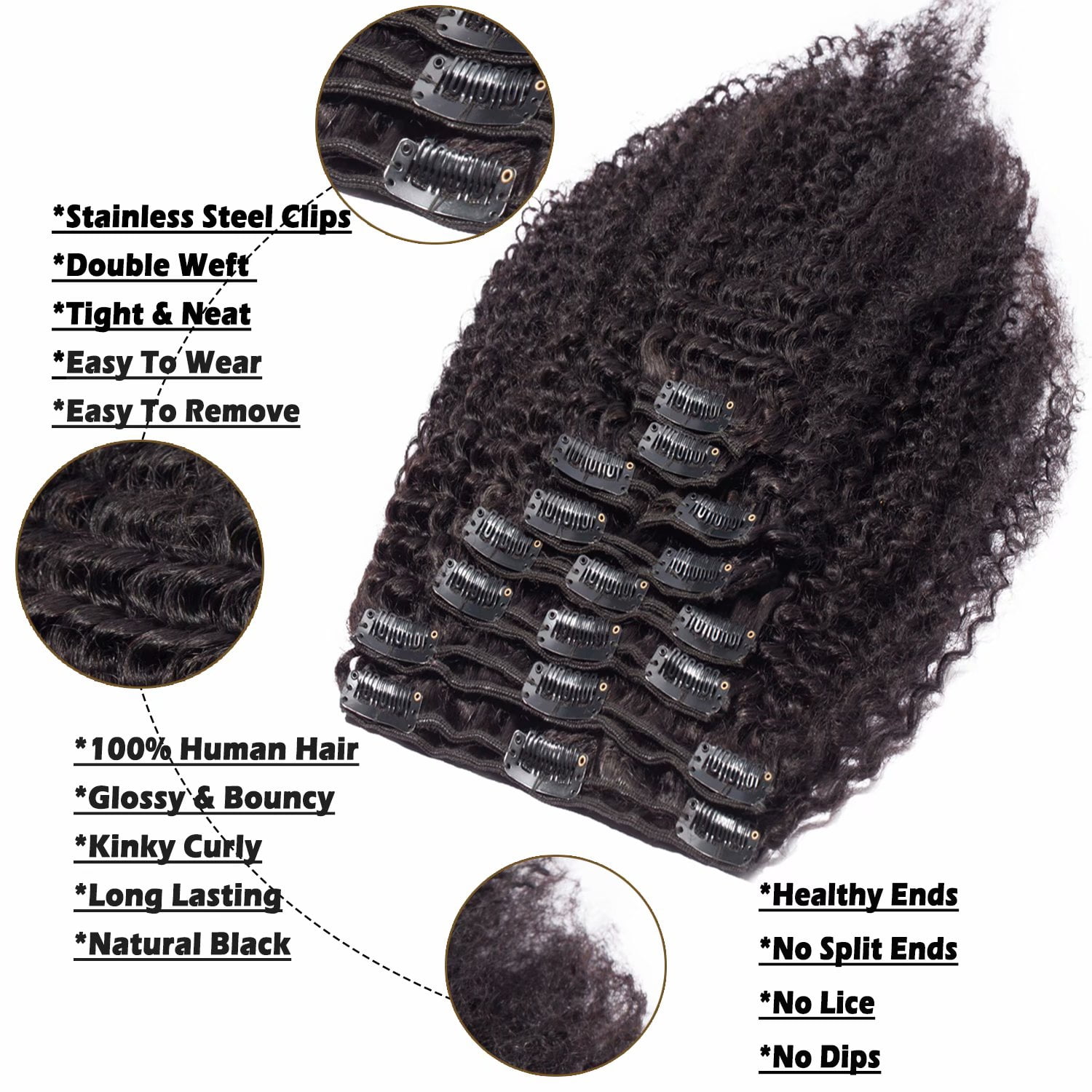 Benehair Clip In Human Hair Extensions Afro Kinky Curly Thick Full Head Double Weft Black African 100% Brazilian Remy Wavy Hair 8 Pieces
